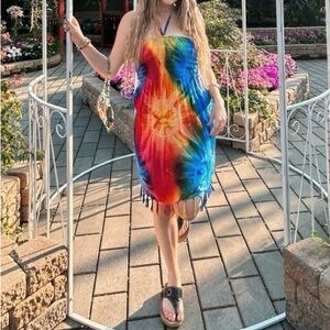 Vibrant Tie-Dye Rainbow Vintage Boho Tie Up Halter Midi Dress